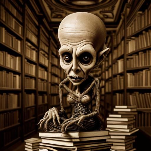 Disturbing Art Brut Woman in Magical Library