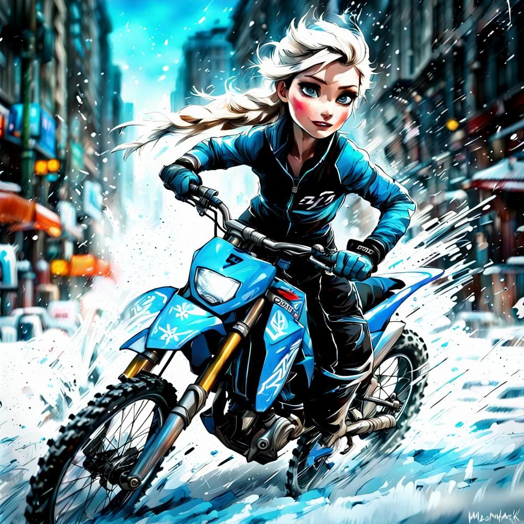 Elsa riding in the street.