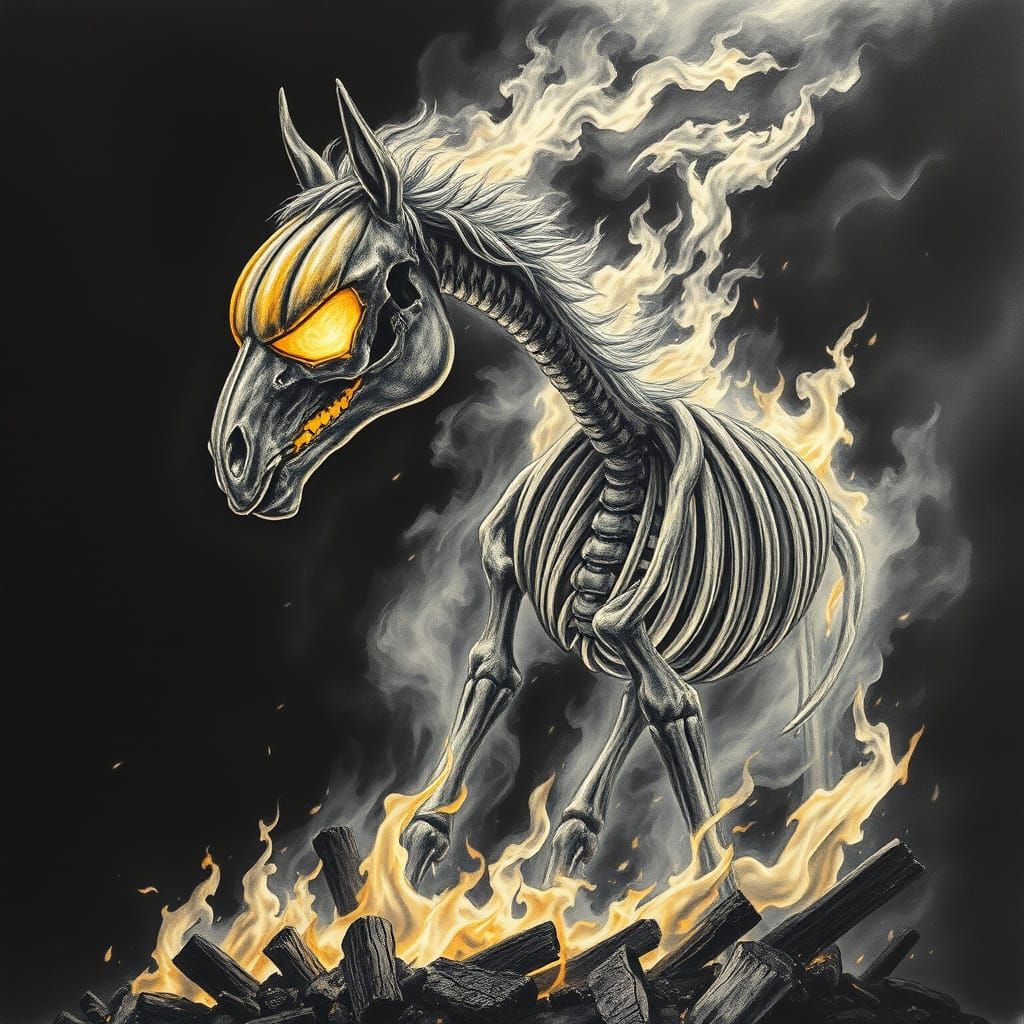 Fiery Horse Skeleton with Pumpkin Head in Dramatic Charcoal