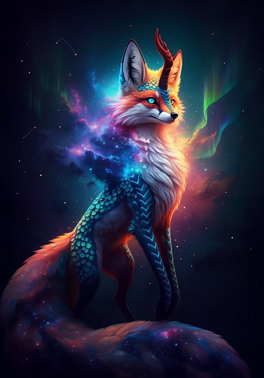 Nebula Kirin: Celestial Fox in Starry Night