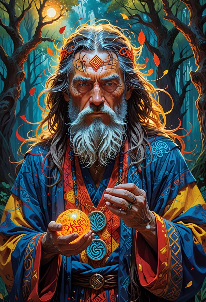 Mystical Sage in Vibrant Forest, Popart Style