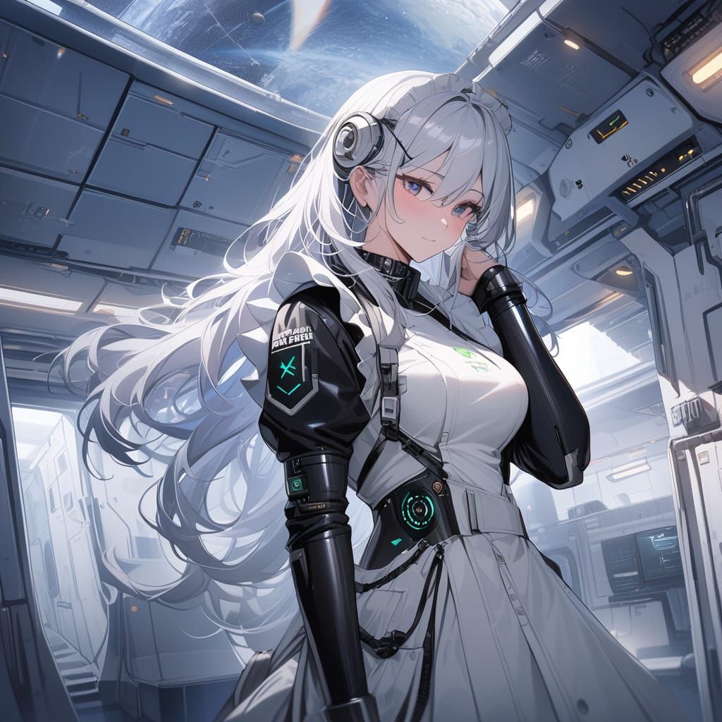 Futuristic Sci-Fi Maid in Space Station Barracks