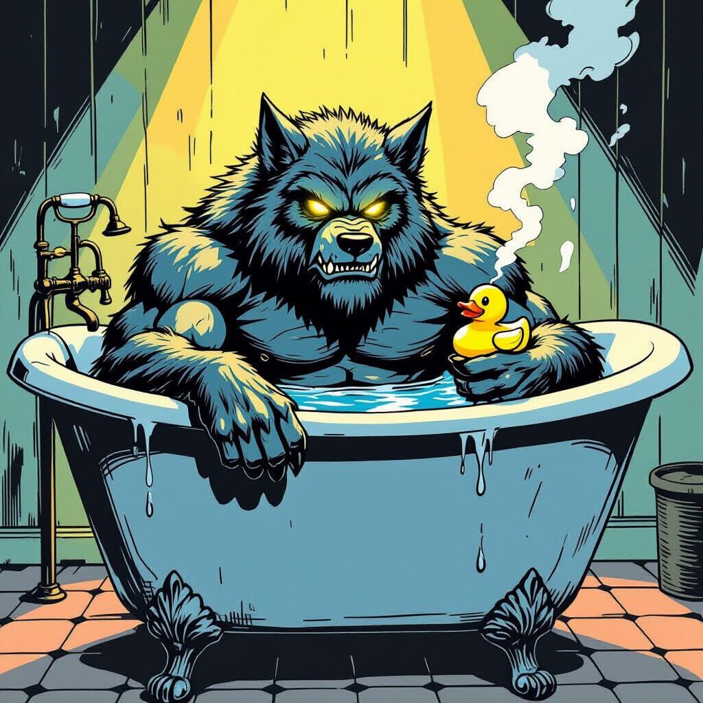 Werewolf Relaxing in Bathtub with Rubber Duck