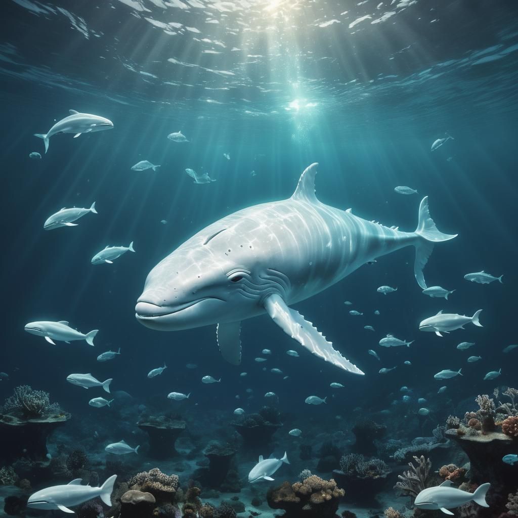 Glowing Glass Whale in Bioluminescent Ocean