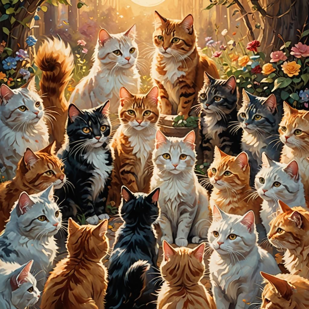 People Protect Cats: Whimsical Oil Painting in Warm Light