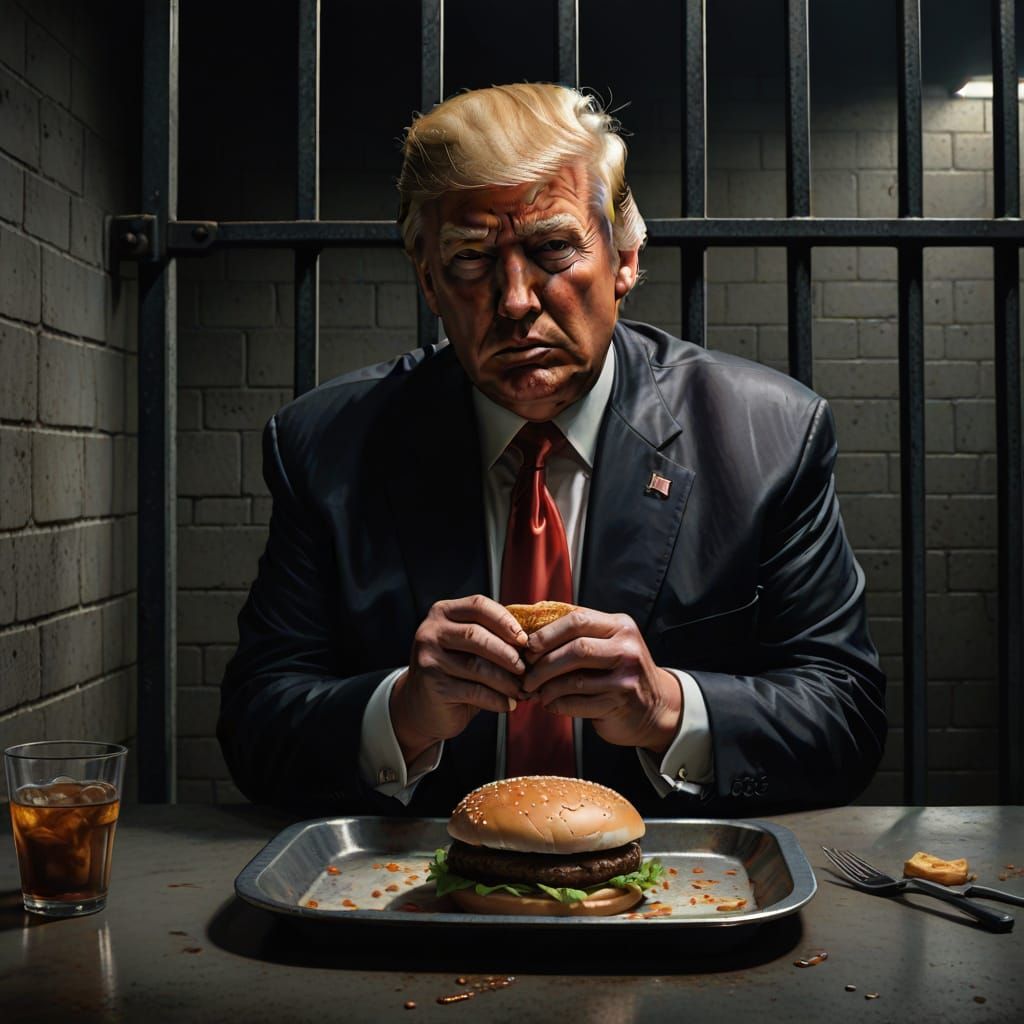 Donald Trump Behind Bars Eating Hamburger in Realistic Digit...