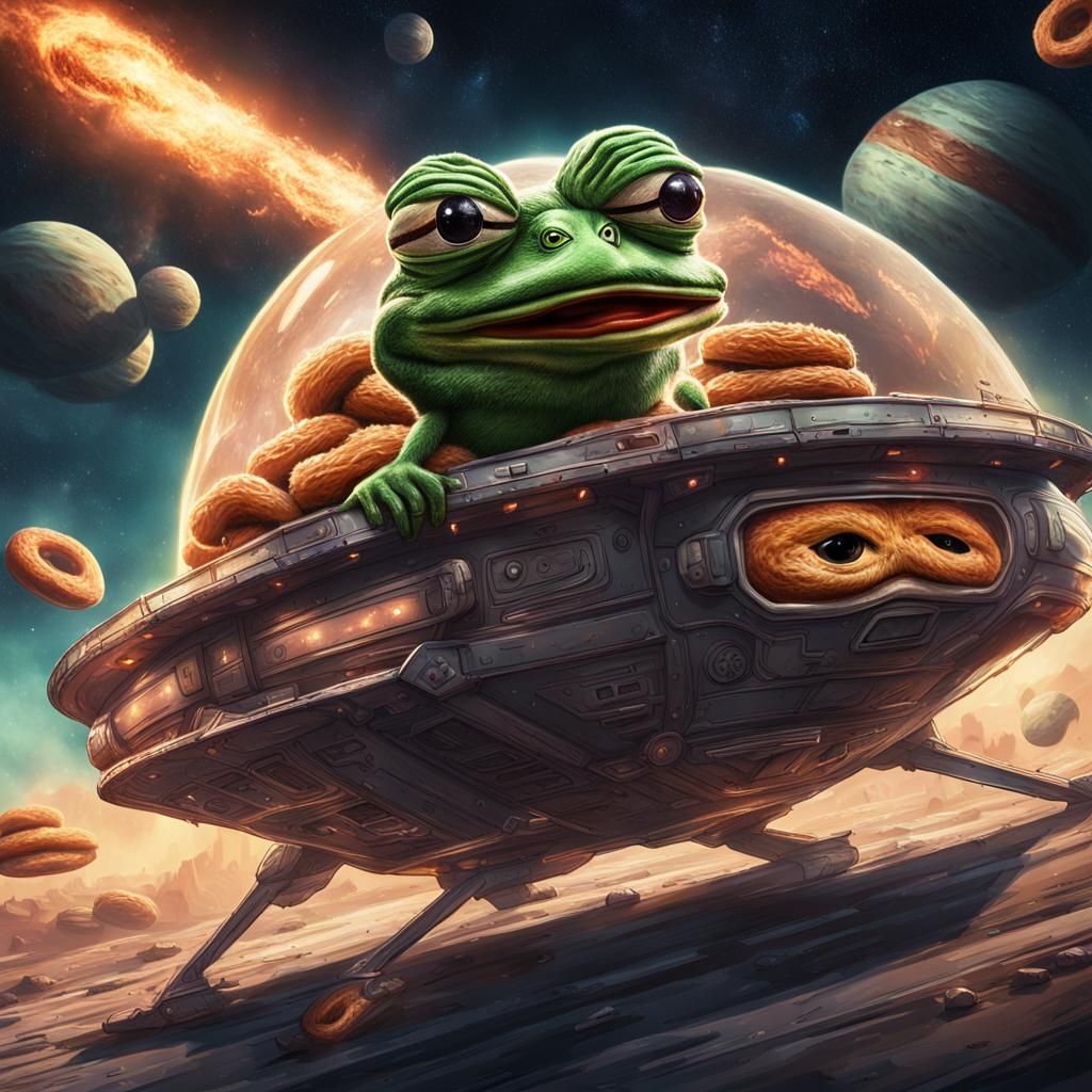 Pepe Frog Delivers Doughnuts in Sleek Spaceship