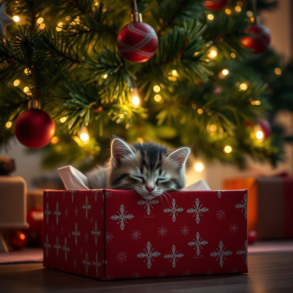 Christmas Kitten Snuggle in Warm Holiday Glow