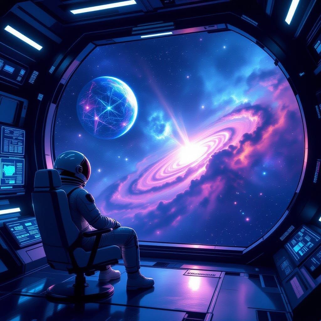 Astronaut Views Cosmic Nebula and Alien Planet