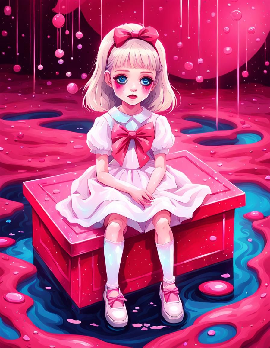 Sweet Surrealism: Girl on Pink Box in Kawaii Style