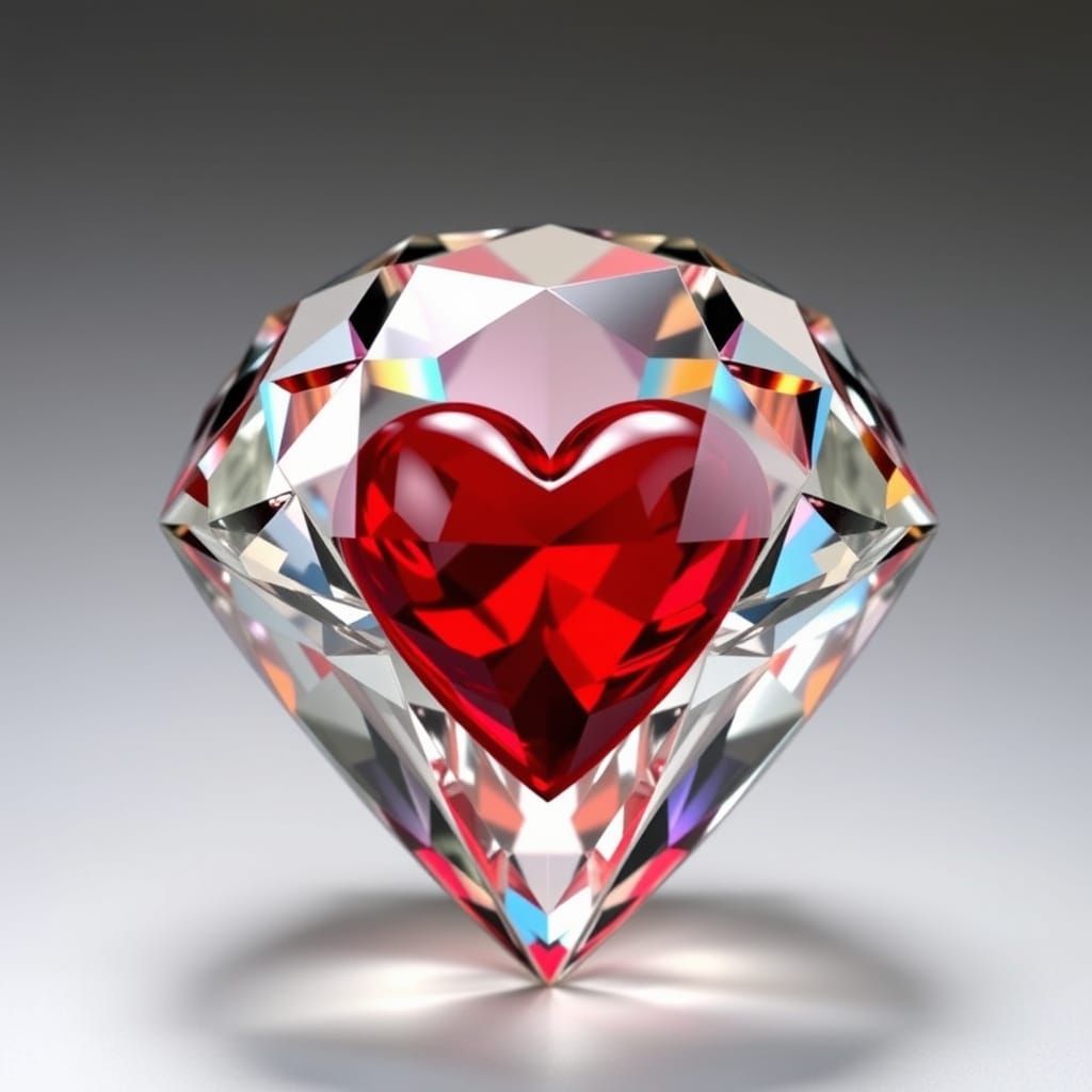 Glass-Cut Diamond with Red Heart, Art Nouveau Style