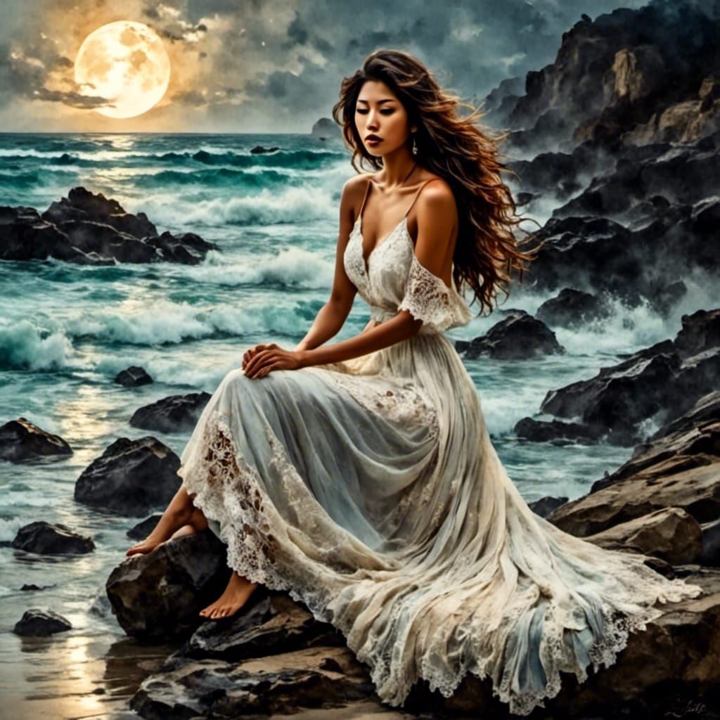 Dreamlike Woman by the Sea in Watercolor Style