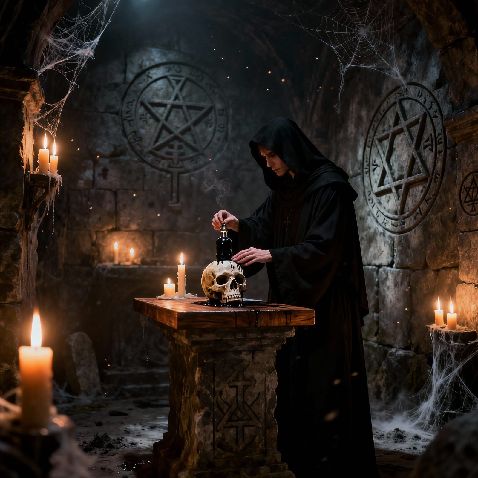 Macabre Crypt Ritual by Candlelight in Gustave Doré Style