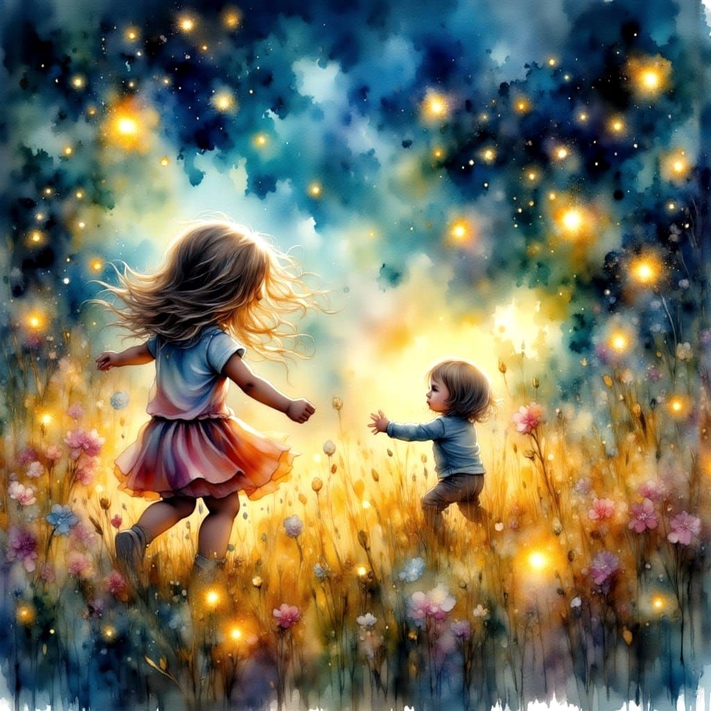 Children Chasing Fireflies in Watercolor Meadow