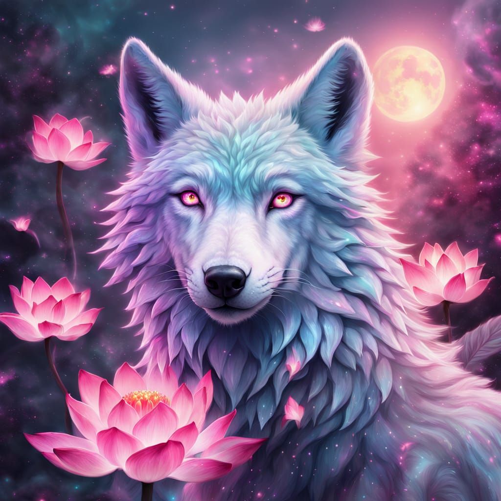 Celestial Wolf Enchants with Glowing Lotus in Cosmic Backgro...