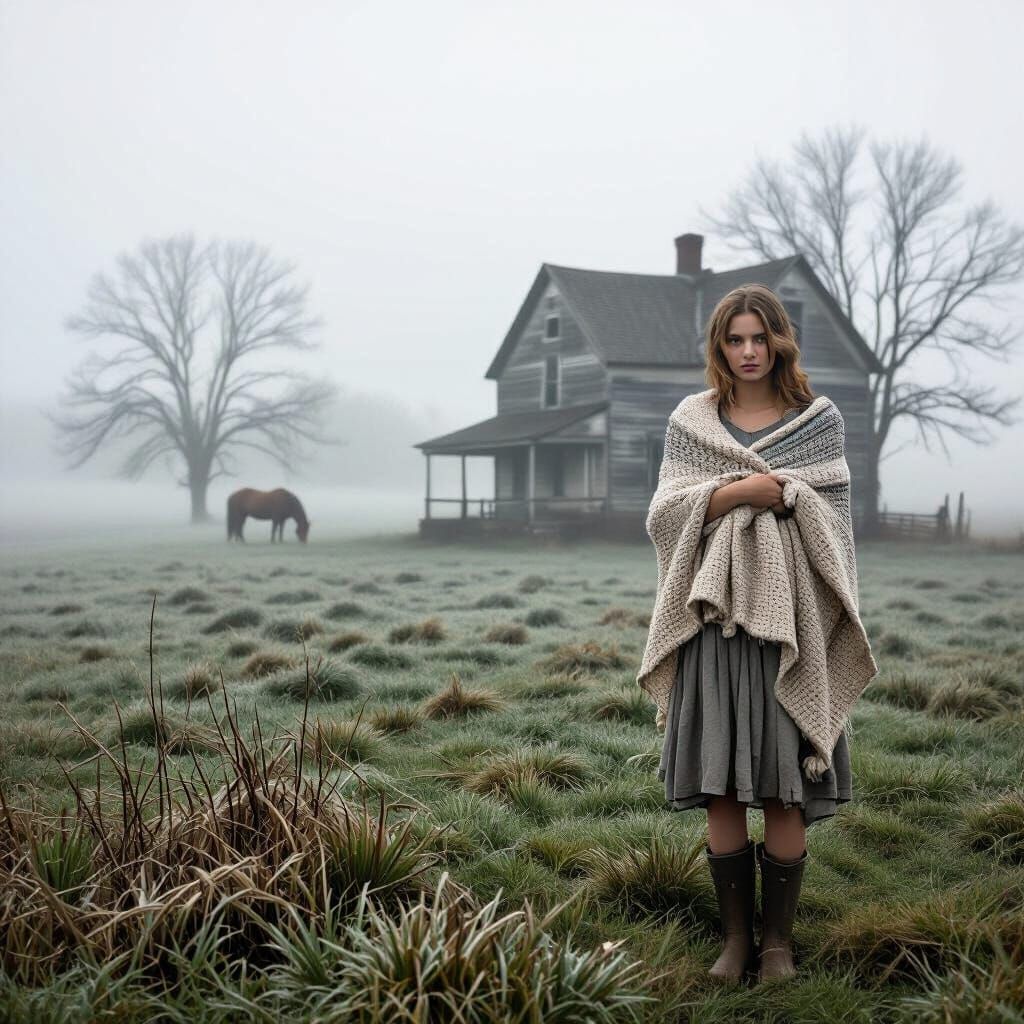 Faded Photograph Of Woman In Misty Farm Landscape