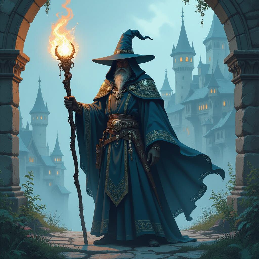Mystical Sorcerer in a Medieval Fantasy Realm