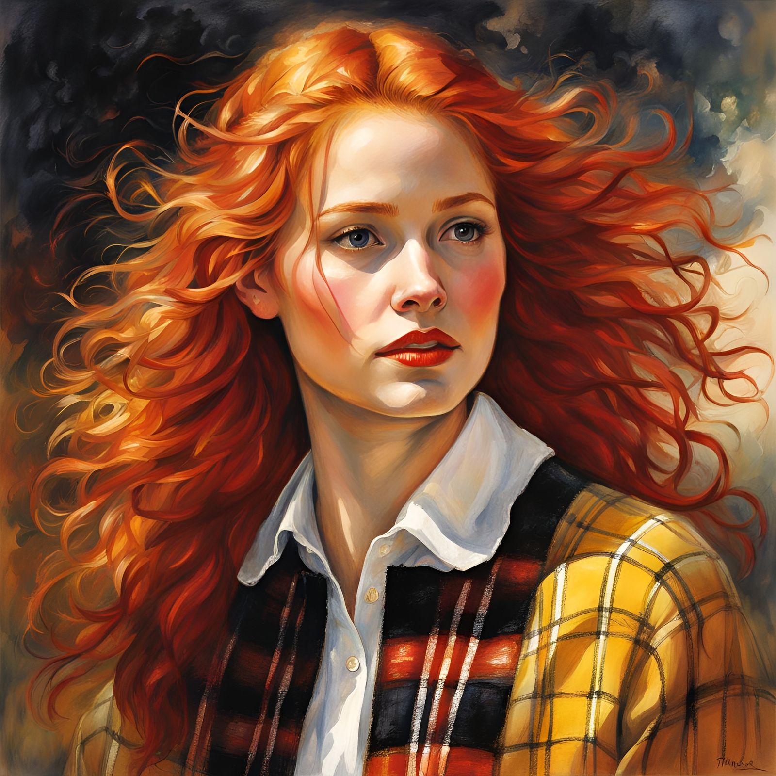 Red Haired Beauty in Plaid, Watercolor Style