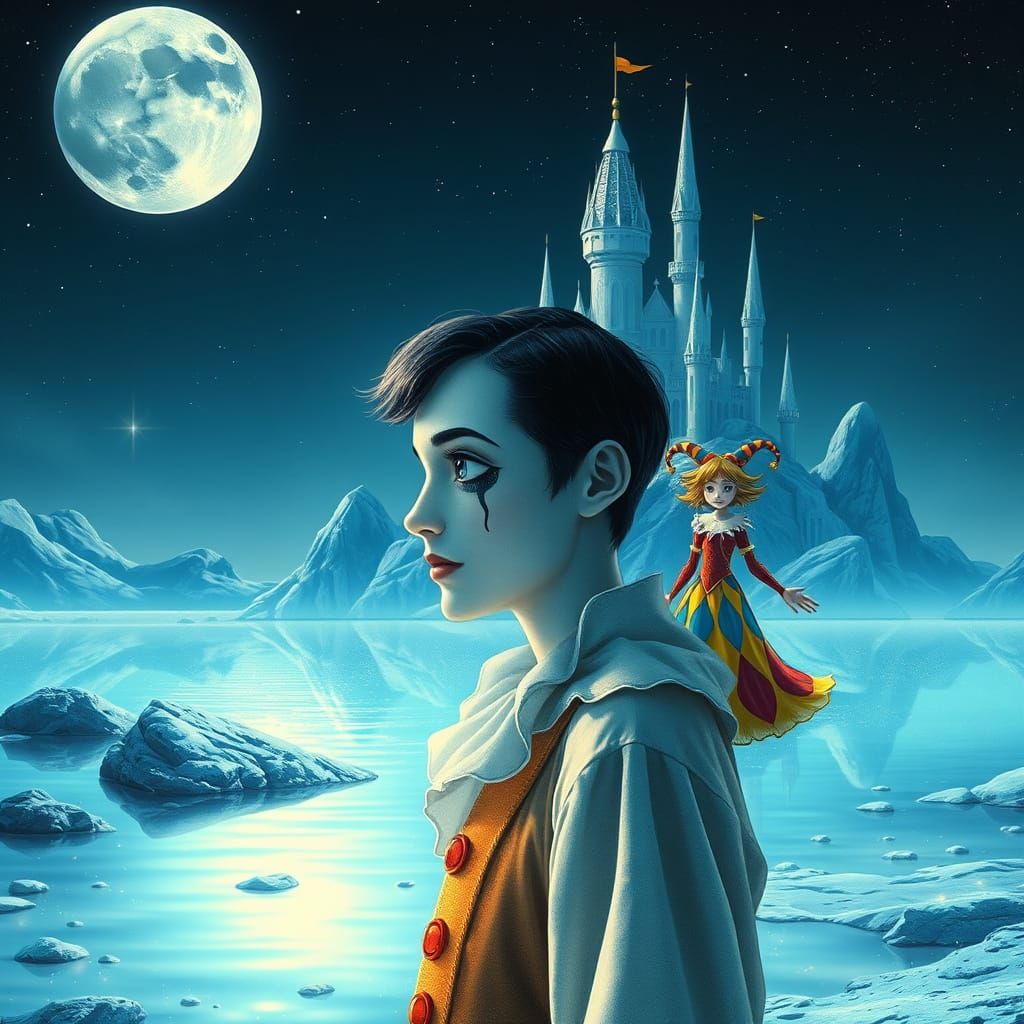 Surreal Moonlit Pierrot Reflects on Life's Longing in Whimsi...