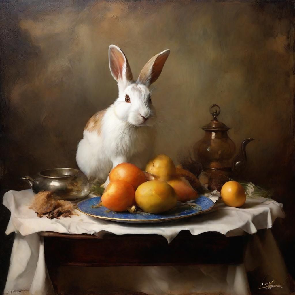 Whimsical Still Life with Rabbit, in Dutch Realism Style