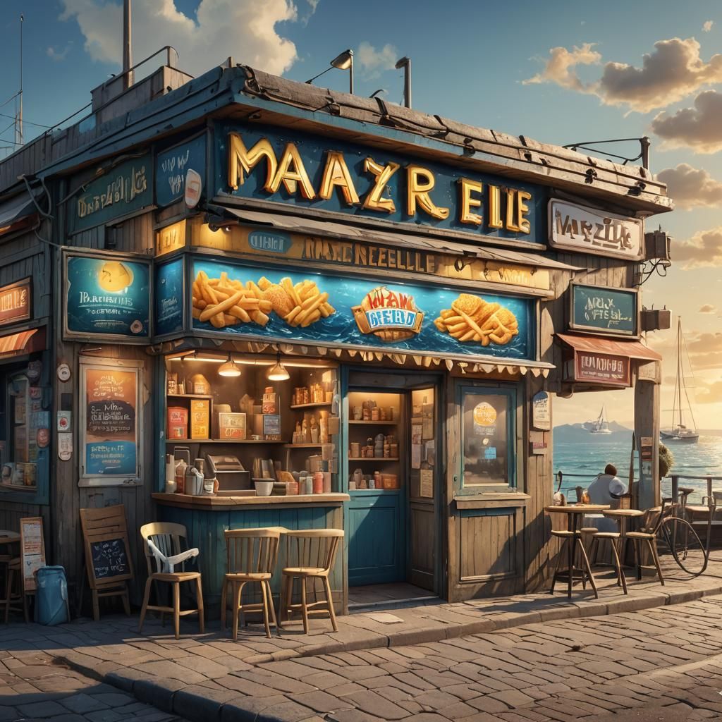 Hyperrealistic Seaside Snack Bar with Illuminated Sign