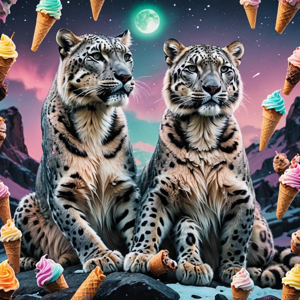 Snow Leopard and Tiger Double Exposure in Neon Auroras