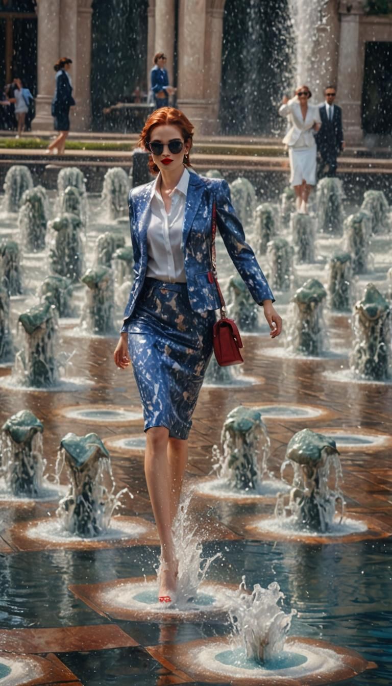 Glamorous Woman Takes a Stroll Through a Fountain