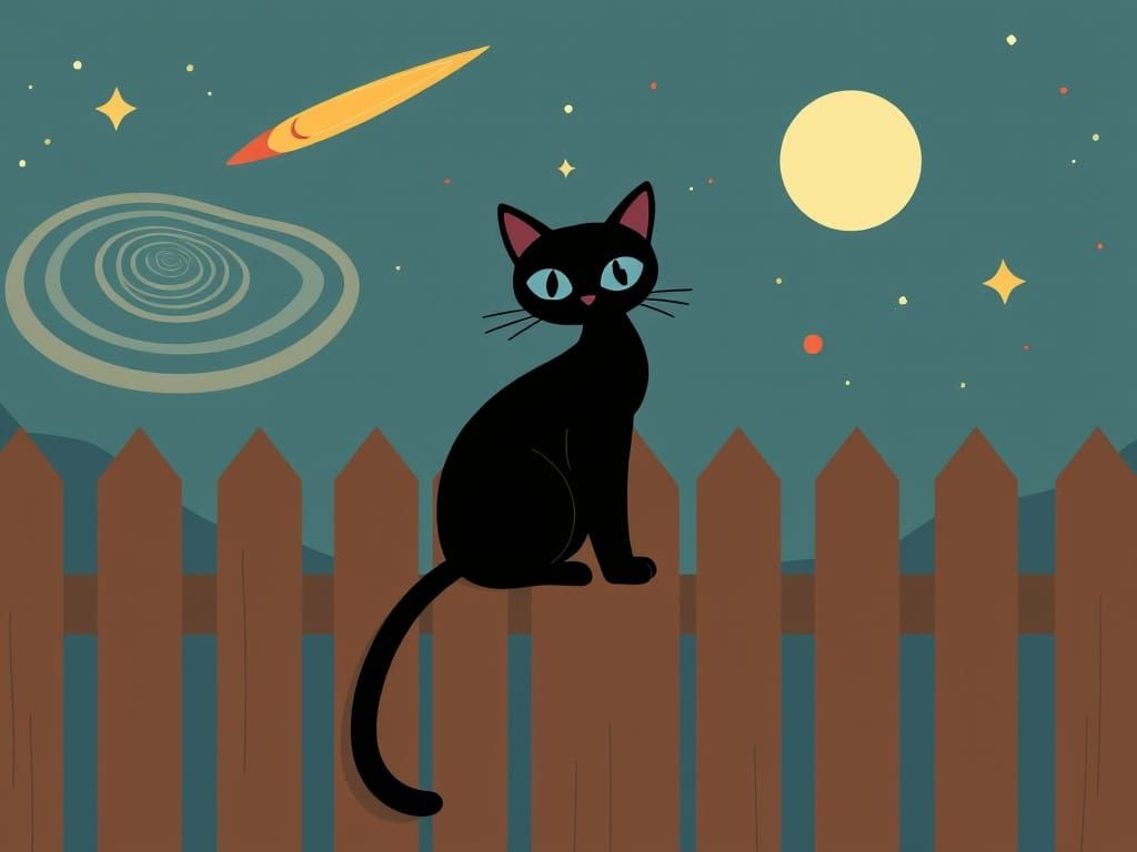 Mid-Century Atomic Cat Under Retro-Futuristic Night Sky