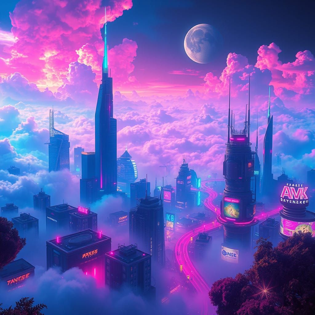 Surreal Cyberpunk Metropolis in Iridescent Clouds