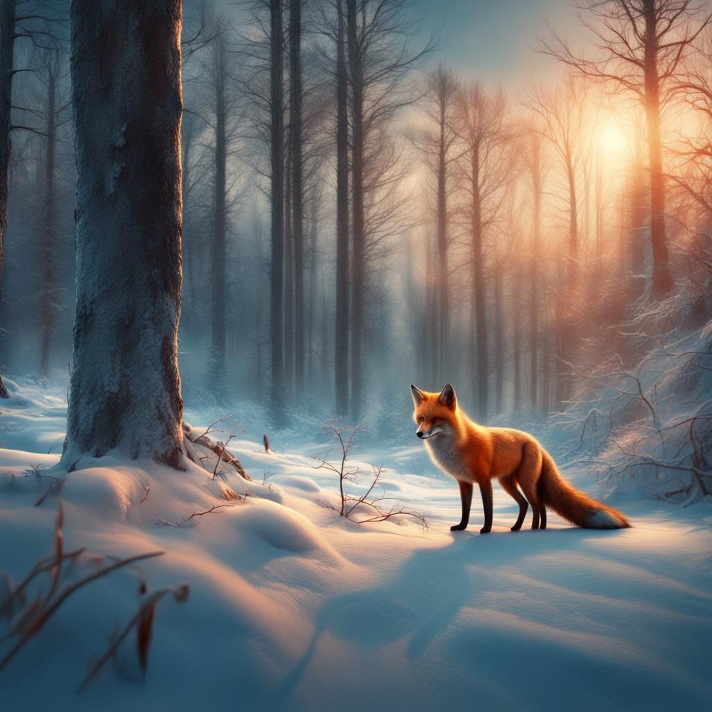 Golden Blue Fox in Winter Forest Digital Painting
