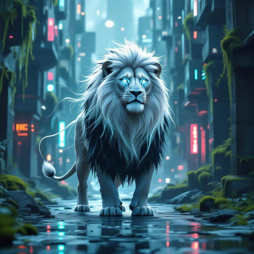 A majestic lion with a mane of flowing, bioluminescent white...