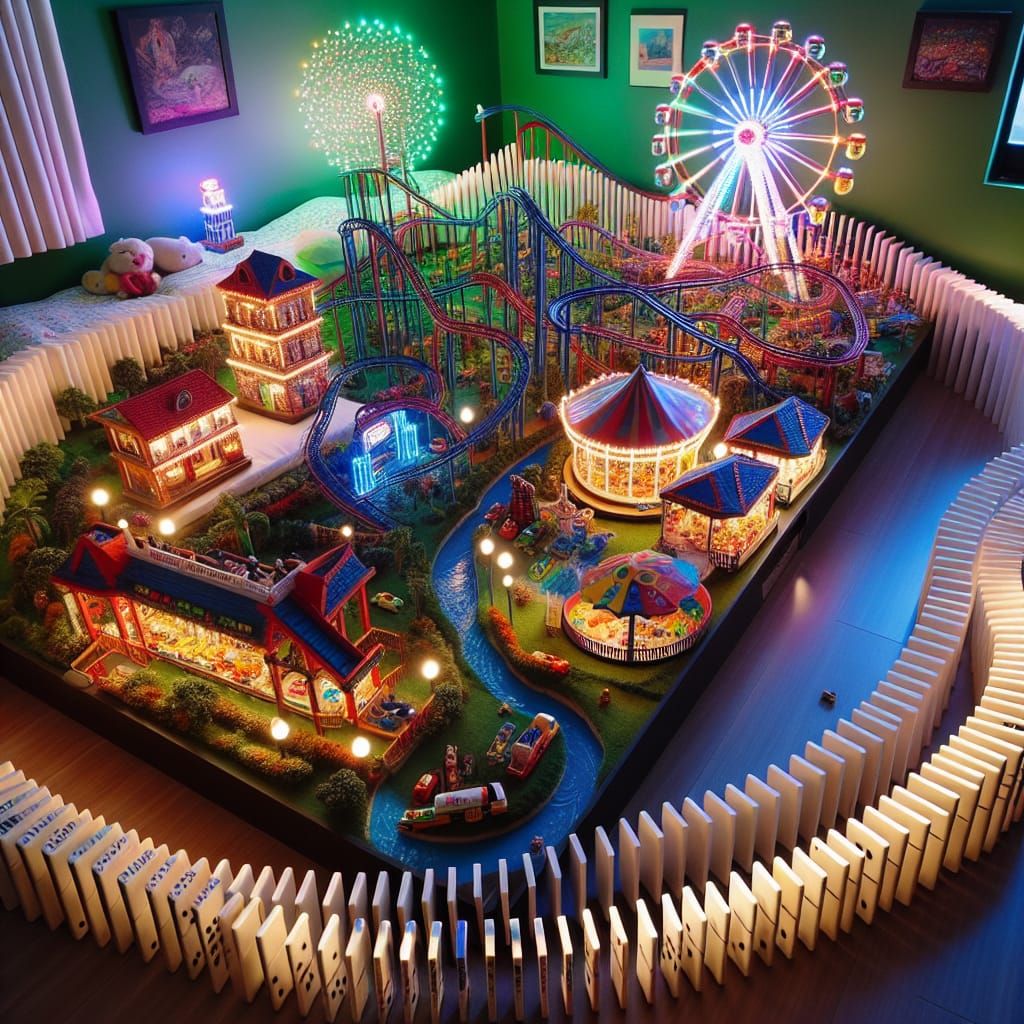 Domino Rally Through a Miniature Theme Park