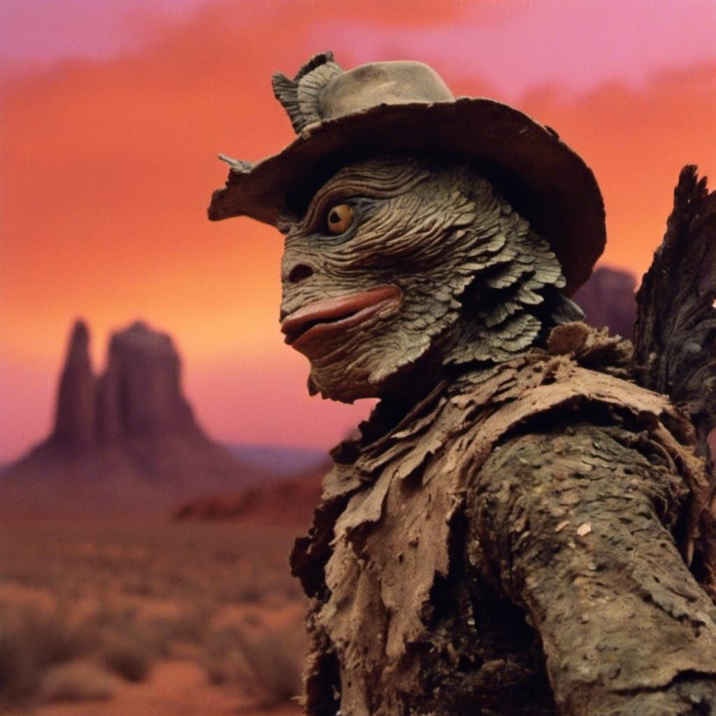 Cowboy Rides Through Desert Storm: Cinematic Film Still