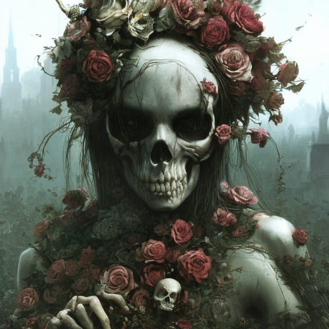 Floral Undead Woman in Graveyard: Dark Fantasy Art