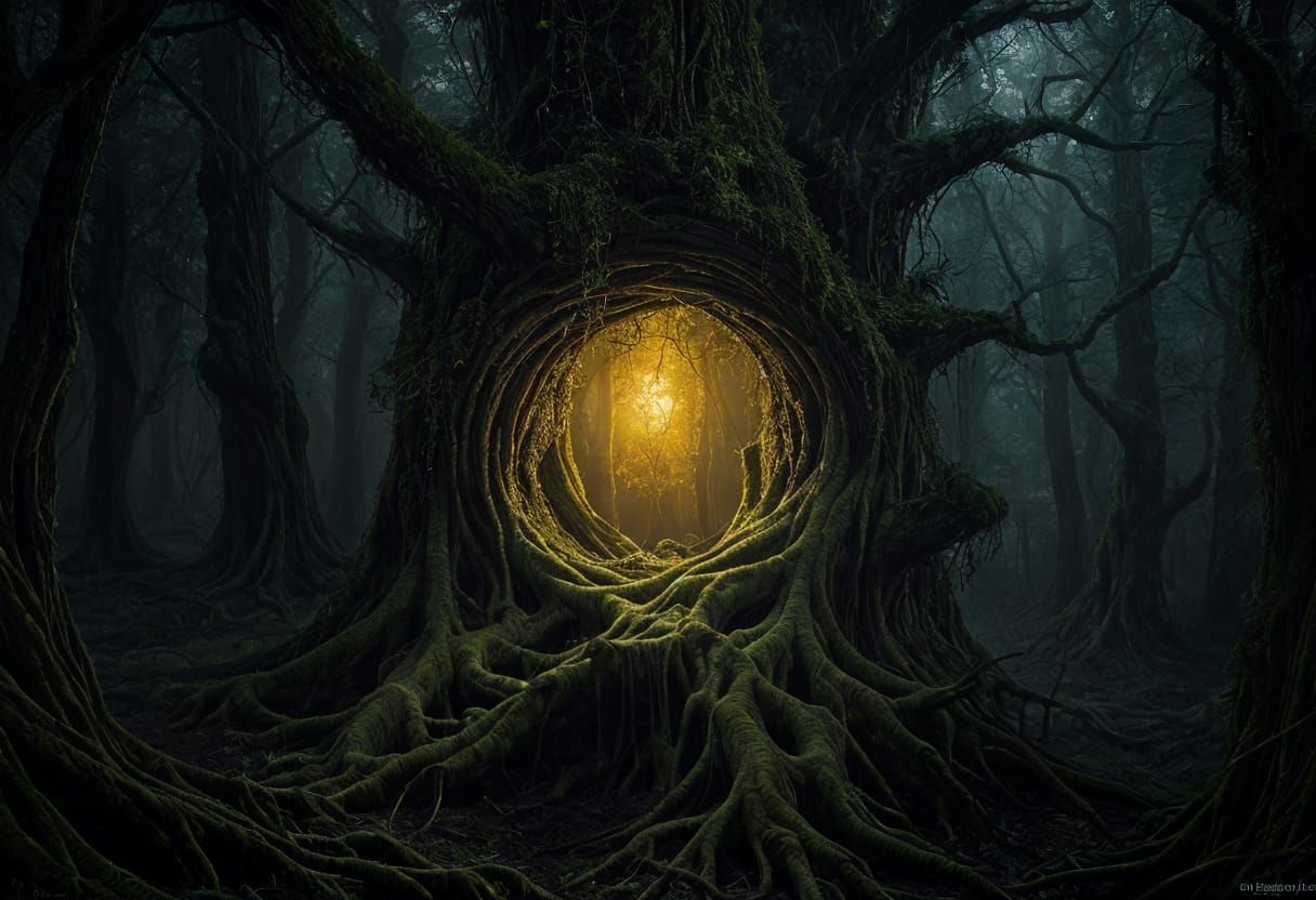 Golden Light in Ancient Forest, Gustave Dore Style