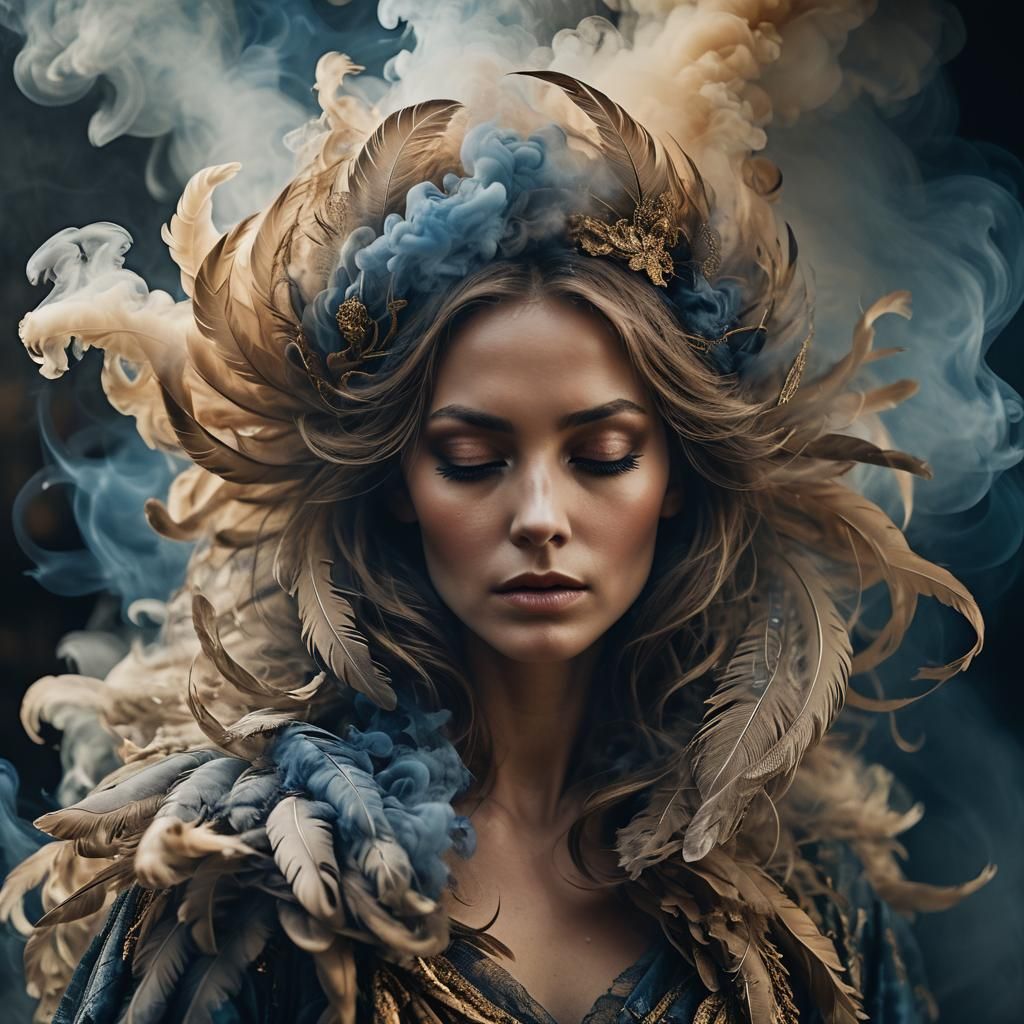 Ethereal Woman in Feathers and Smoke: Surreal Close-Up
