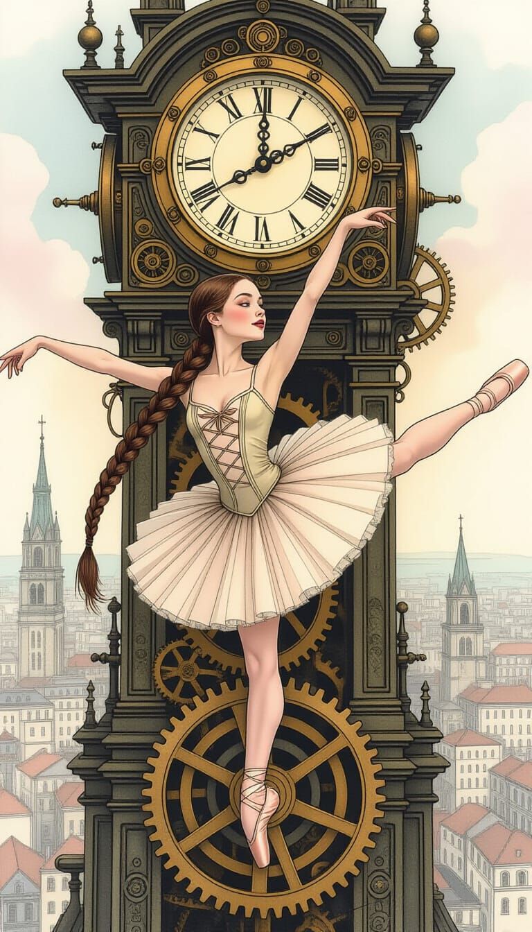 Ballerina's Steampunk Sissonne: Mixed Media Art
