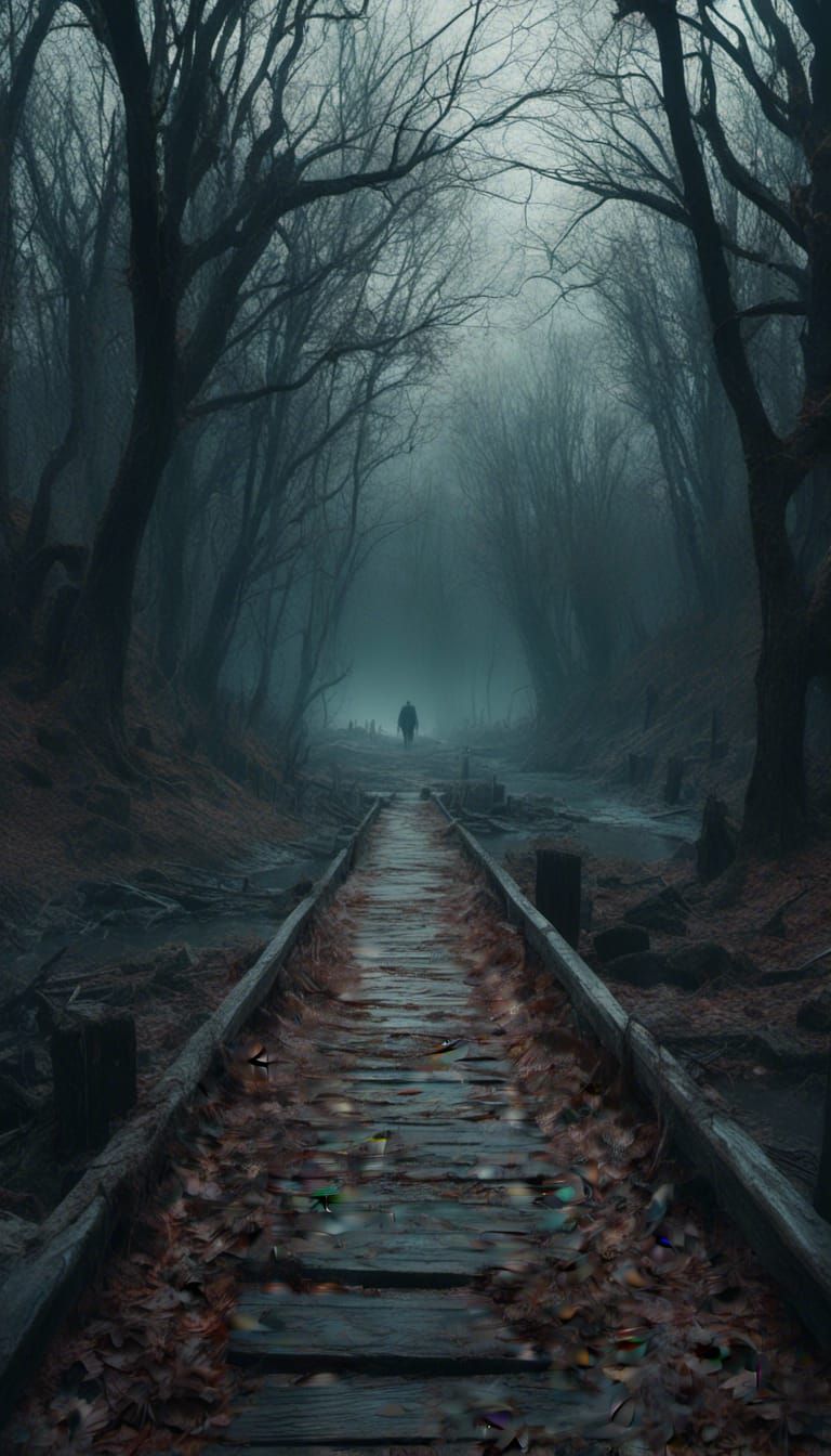 Scary Pathway Through Haunted Forest with City