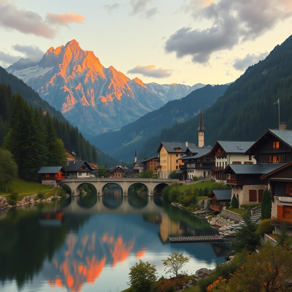 Swiss Alps Village at Dusk, in Romantic Landscape Style
