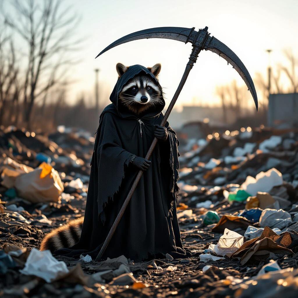 Grim Reaper Raccoon in Landfill at Noon, Photorealistic Styl...