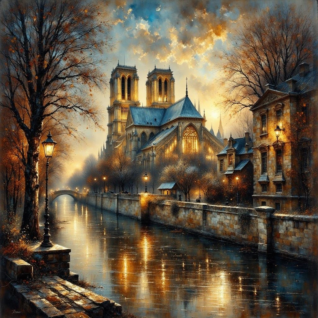 Notre Dame at Evening in Expressive Ink Style