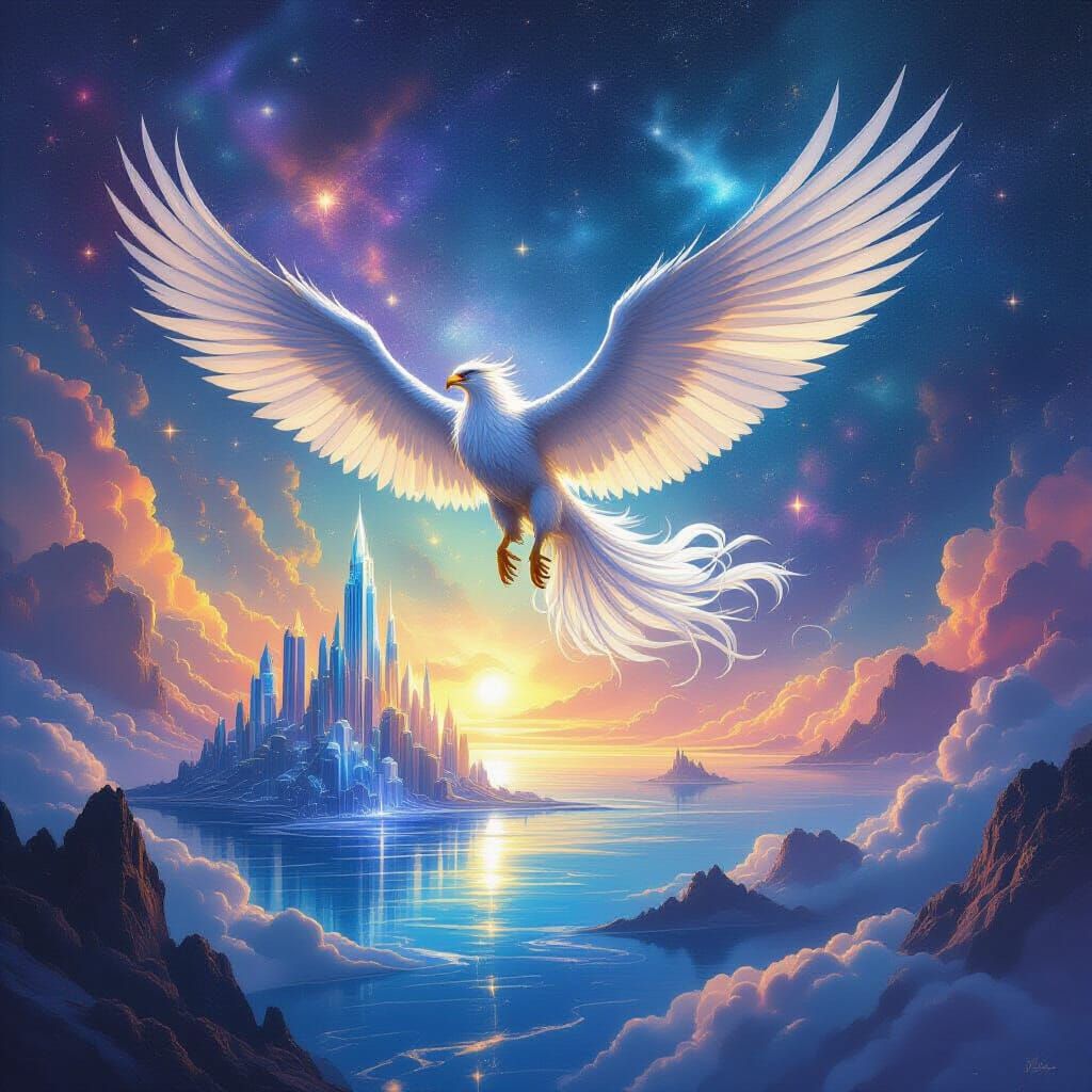 Majestic Griffin Soars Through Nebula Over Crystalline City