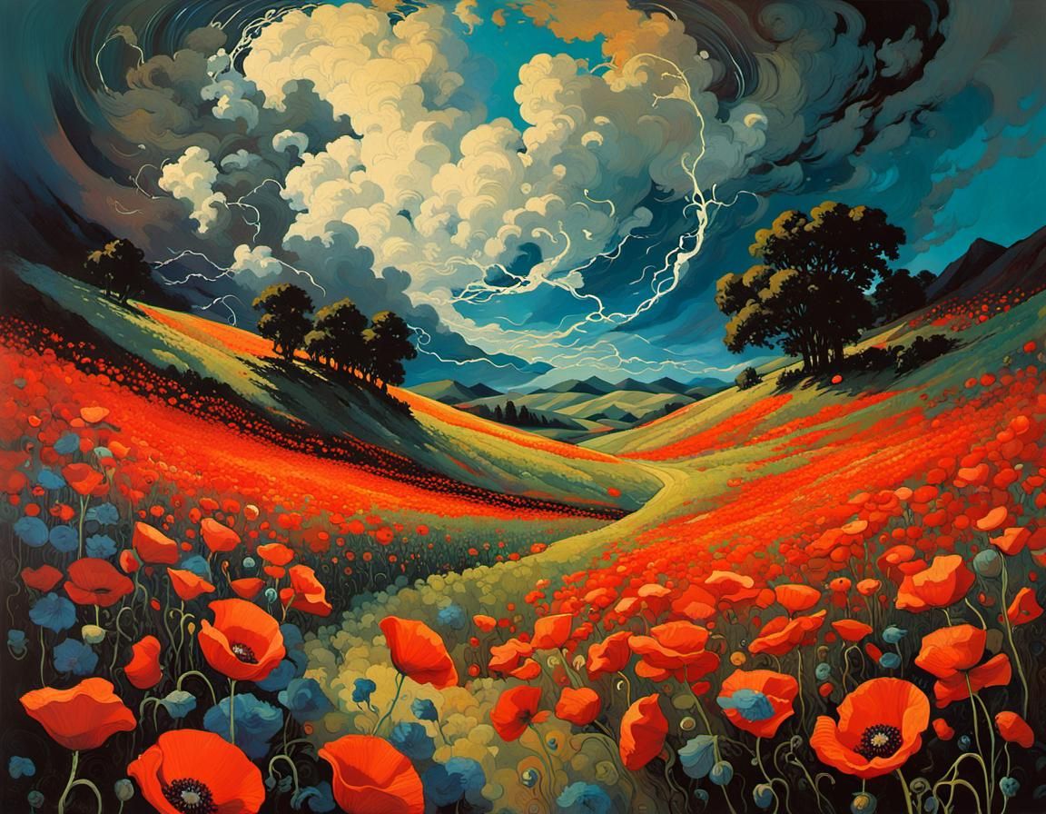 Vibrant Poppy Field Transformed by Swirling Storm Petals in ...