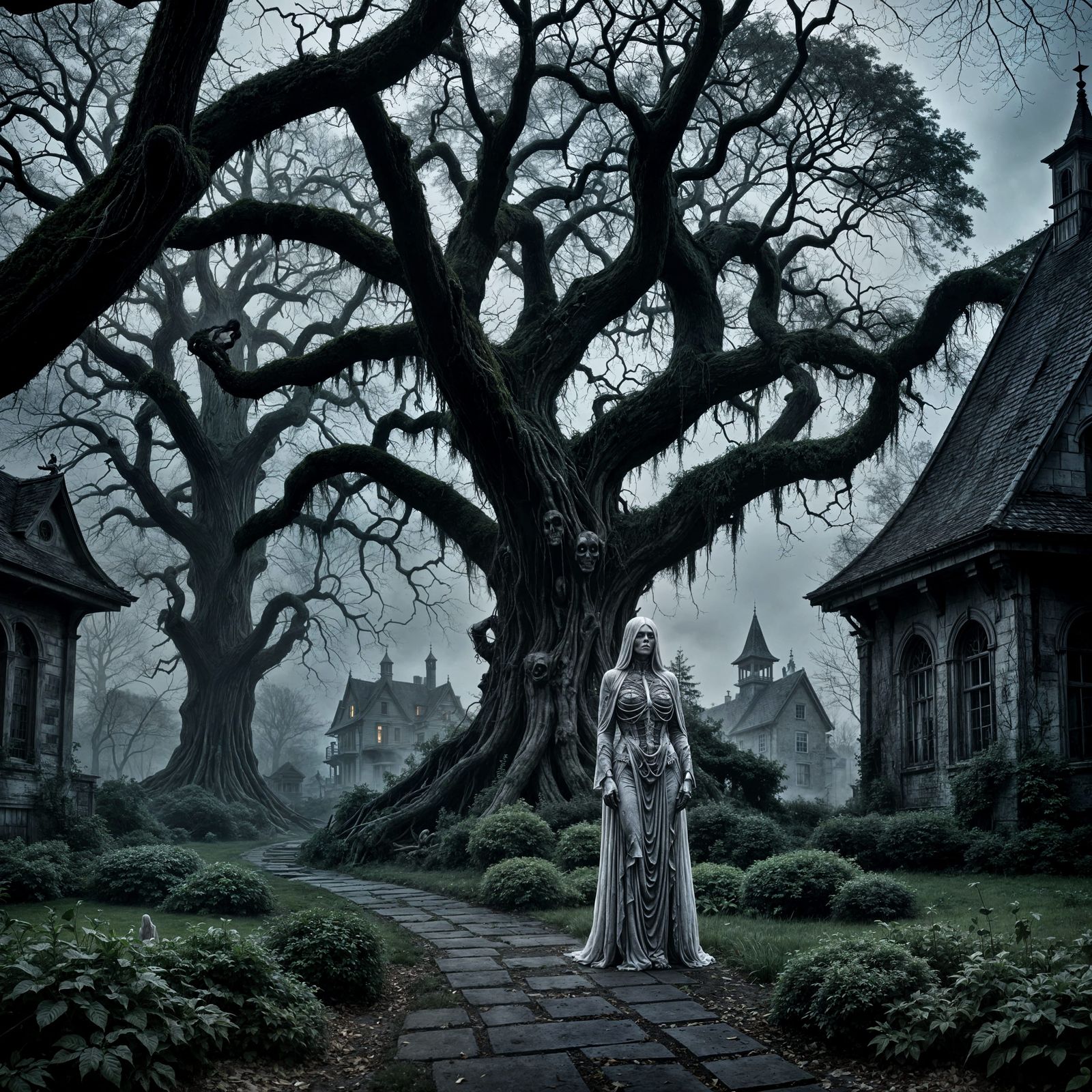 Eerie Sadako Ghost Haunting a Manor in HR Giger Style