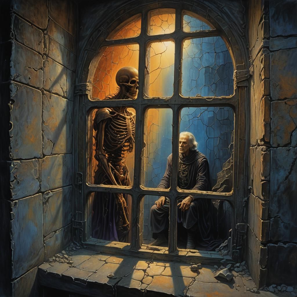 Imprisoned Man in Dark Fantasy Oil Painting