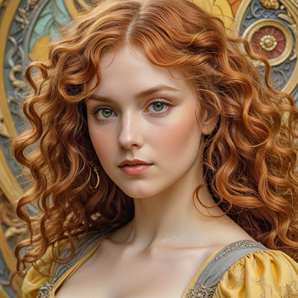 Art Nouveau Portrait of Redhead in Yellow Dress