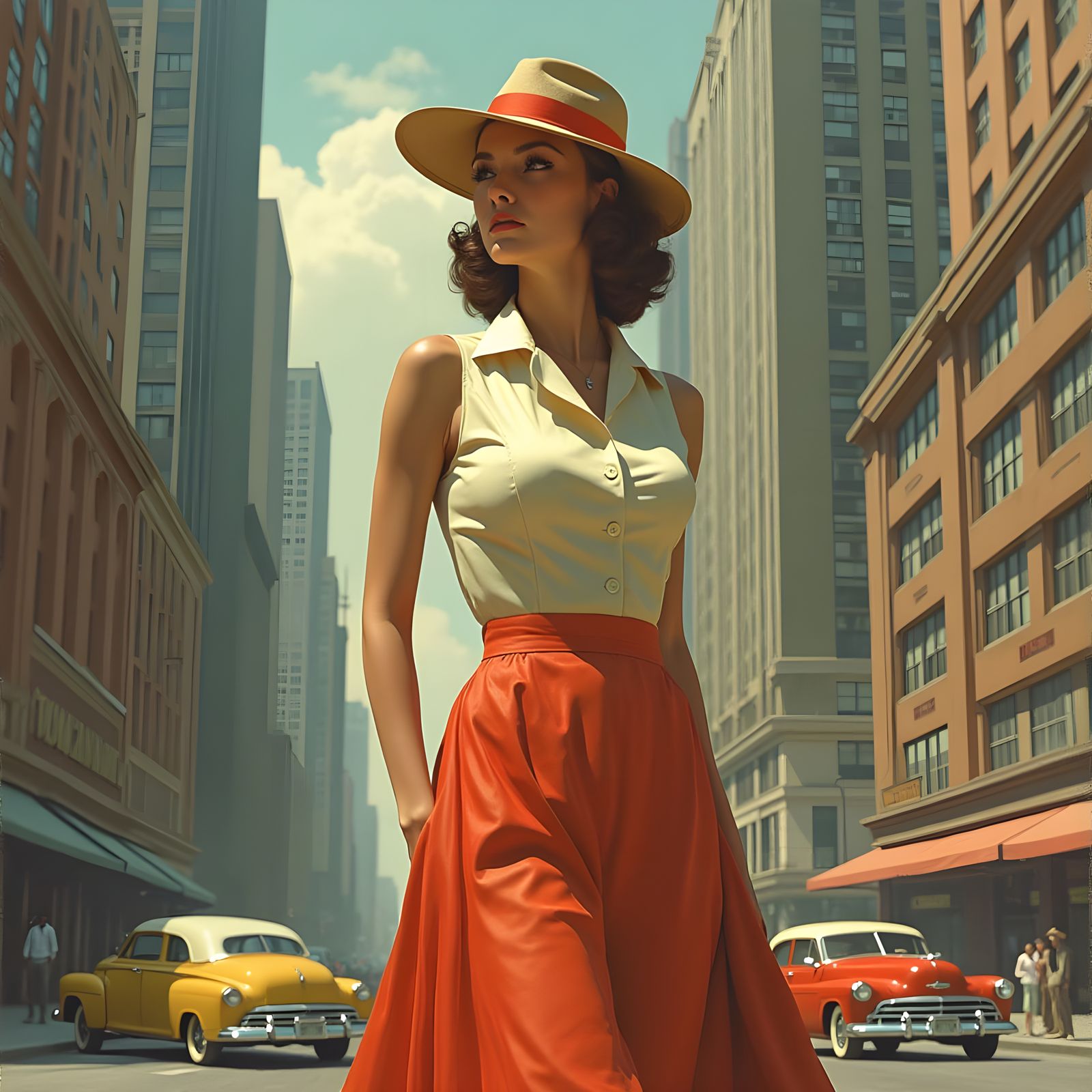 Woman in 1950s Attire in Vintage Cityscape