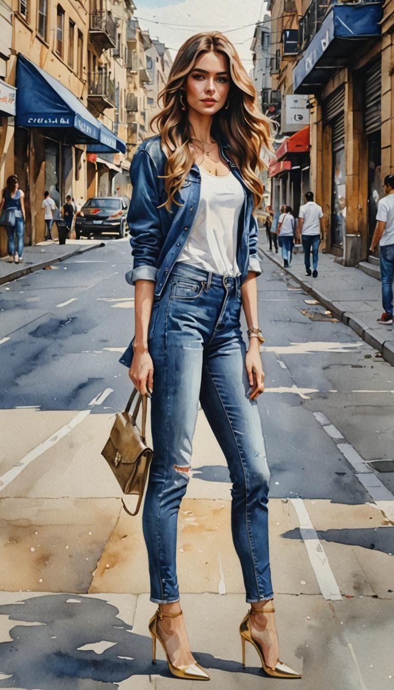 Fashionable Girl in Slim Denim: Watercolor Street Scene