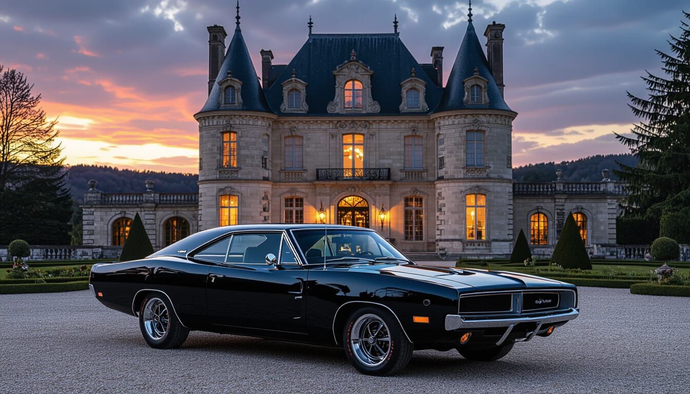 Obsidian 1969 Dodge Charger at French Chateau at Dusk