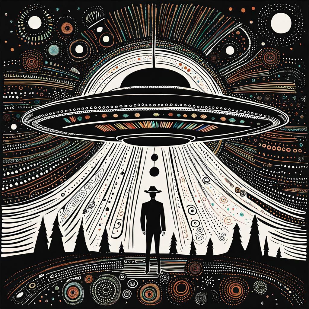 Colorful UFO Man in Black Outsider Art